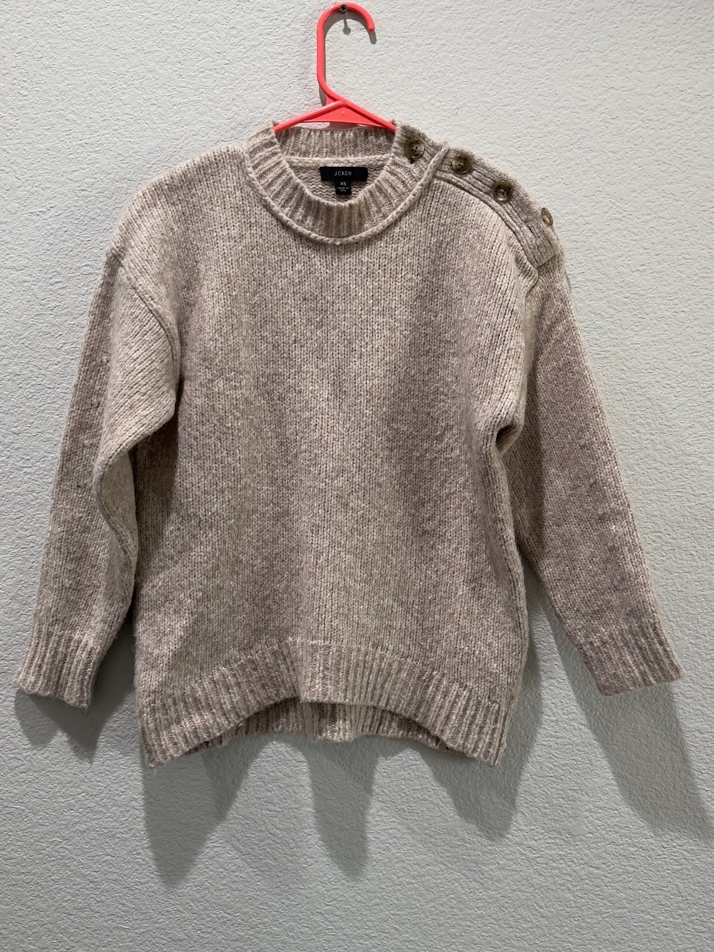 J Crew Stitch Button-Shoulder Crewneck Sweater - Beige